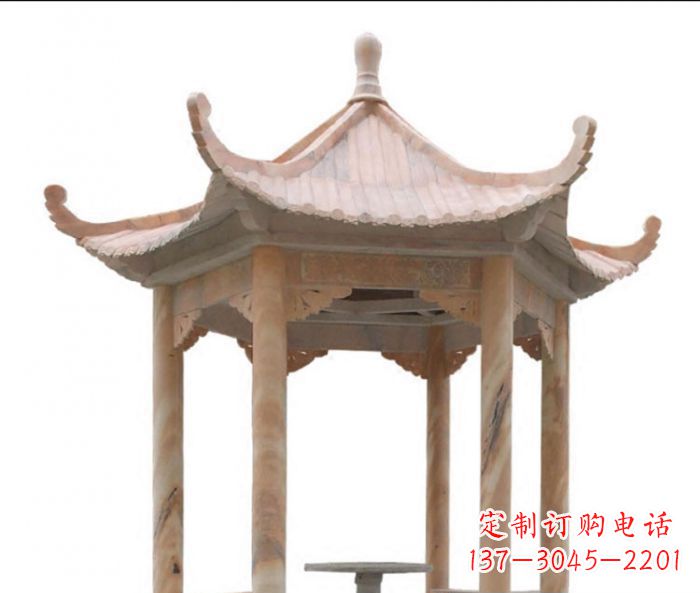 衢州美丽而优雅的公园晚霞红六角石凉亭雕塑