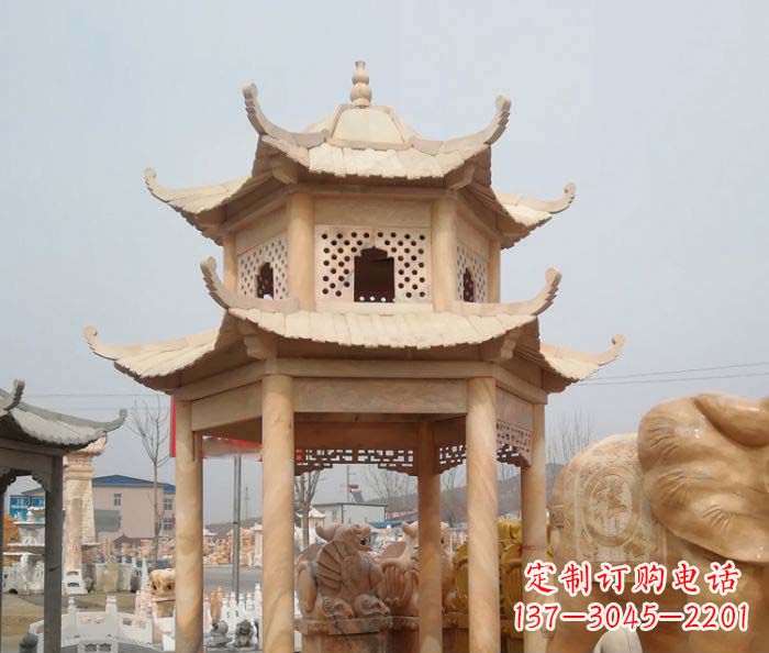 衢州红双层六角石凉亭雕塑