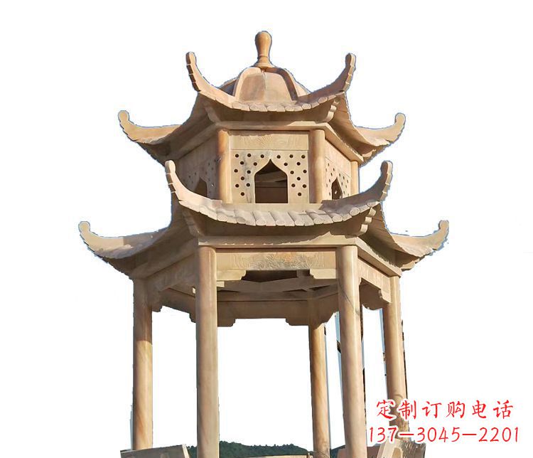衢州双层晚霞红凉亭石雕 (2)