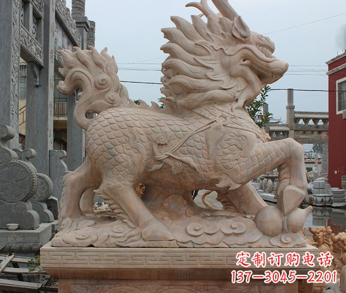 衢州晚霞红古代神兽麒麟石雕
