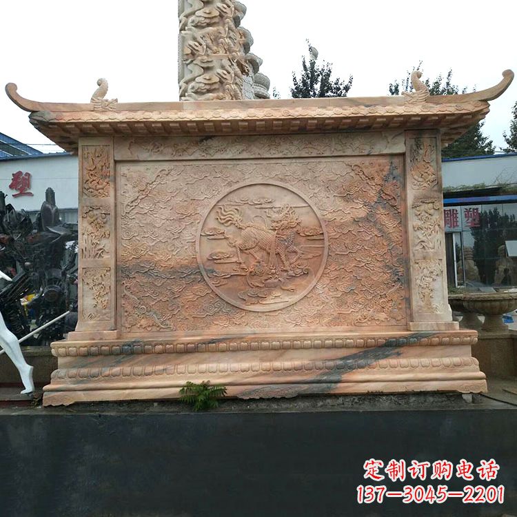 衢州晚霞红麒麟影壁墙石雕