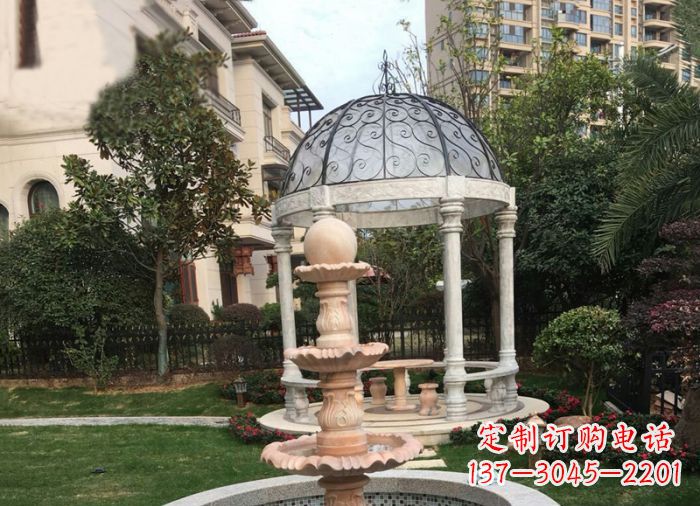 衢州晚霞红三层风水球喷泉小区石雕