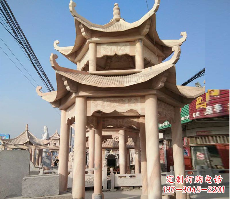 衢州晚霞红双层六角凉亭石雕 (3)