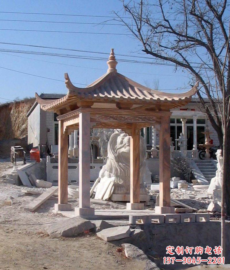 衢州晚霞红四角凉亭景观石雕