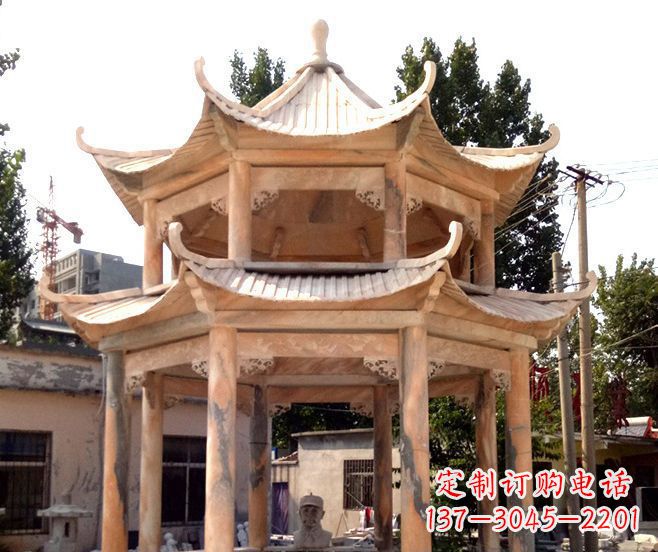 衢州园林景观晚霞红双层石雕凉亭