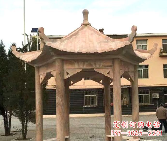衢州园林晚霞红六角石雕凉亭