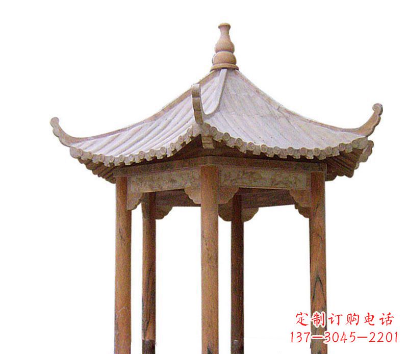 衢州园林晚霞红六角石凉亭景观石雕 (2)
