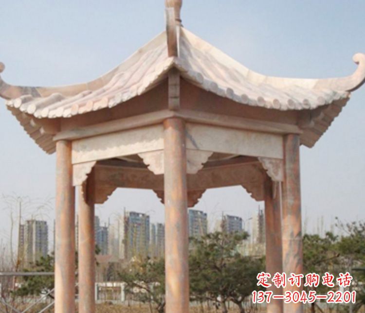 衢州园林晚霞红六角石凉亭景观石雕